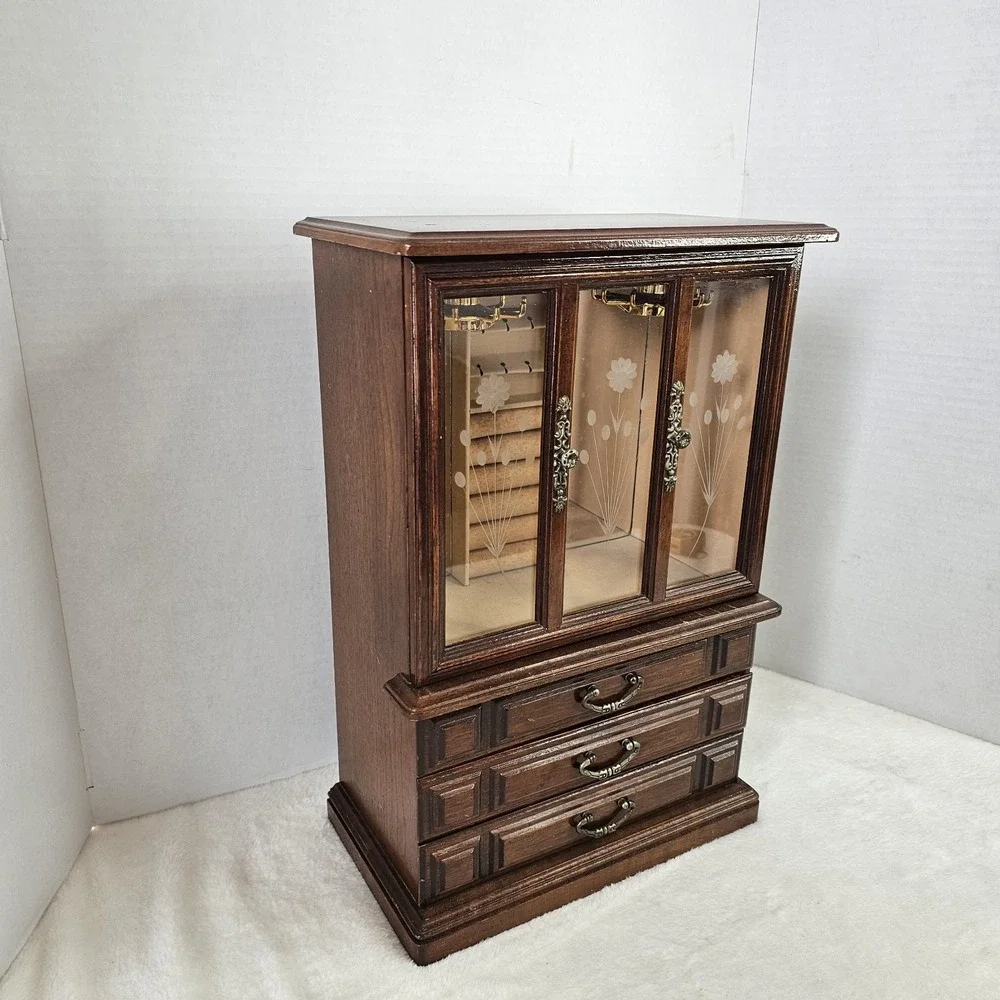 Vintage Wooden Curio Cabinet Jewelry Box With Glass Door 18x12x6.5